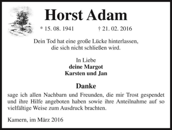 Traueranzeige von Horst Adam  von Magdeburger Volksstimme