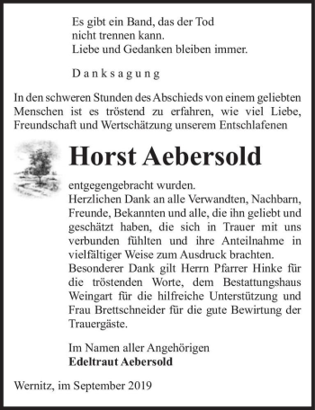 Traueranzeige von Horst Aebersold  von Magdeburger Volksstimme