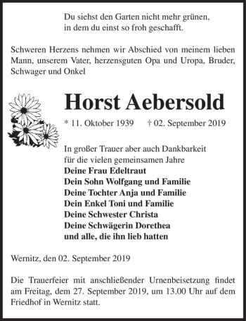 Traueranzeige von Horst Aebersold  von Magdeburger Volksstimme