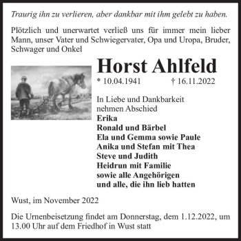 Traueranzeige von Horst Ahlfeld  von Magdeburger Volksstimme