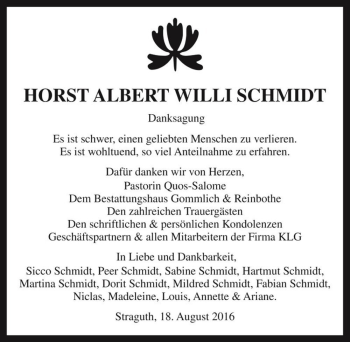 Traueranzeige von Horst Albert Willi Schmidt  von Magdeburger Volksstimme