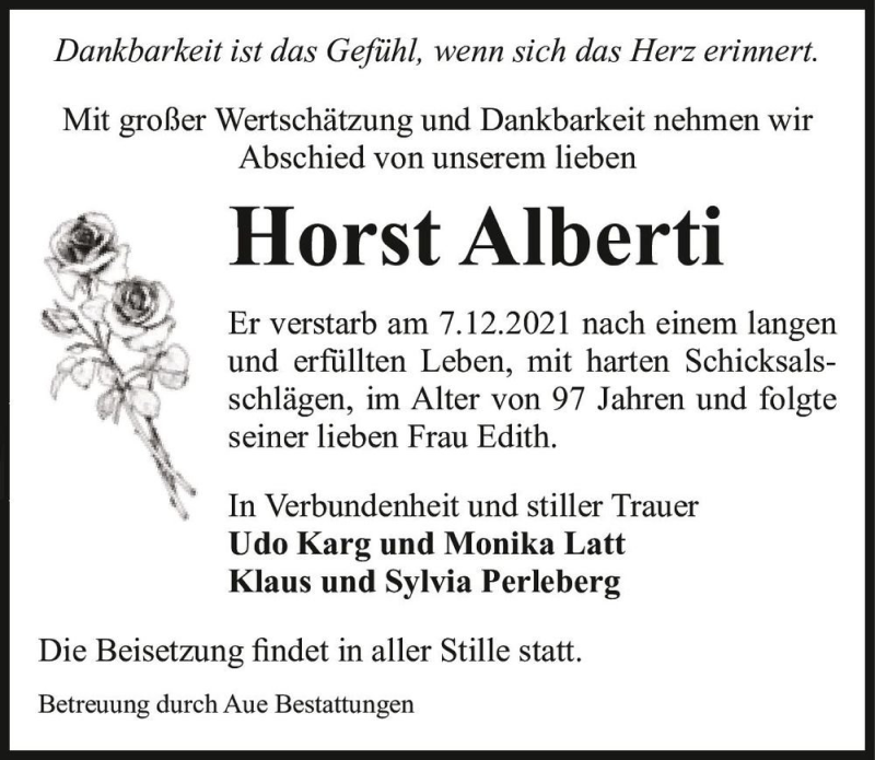  Traueranzeige für Horst Alberti  vom 18.12.2021 aus Magdeburger Volksstimme