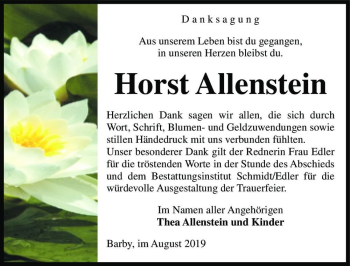 Traueranzeige von Horst Allenstein  von Magdeburger Volksstimme