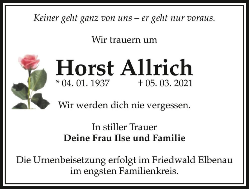 Traueranzeige für Horst Allrich  vom 13.03.2021 aus Magdeburger Volksstimme