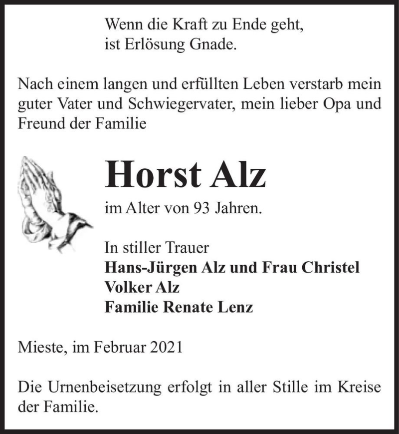  Traueranzeige für Horst Alz  vom 10.02.2021 aus Magdeburger Volksstimme
