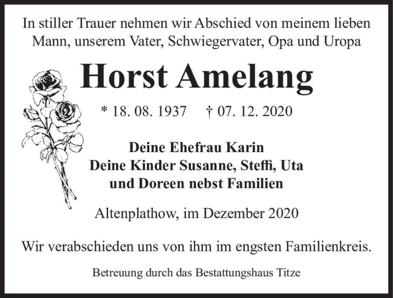  Traueranzeige für Horst Amelang  vom 12.12.2020 aus Magdeburger Volksstimme