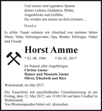 Traueranzeige von Horst Amme  von Magdeburger Volksstimme