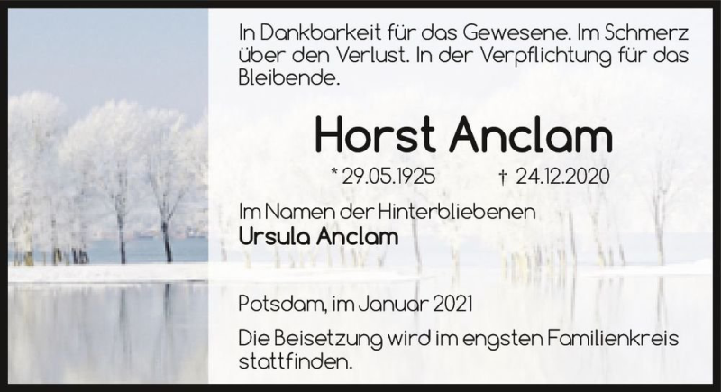  Traueranzeige für Horst Anclam  vom 09.01.2021 aus Magdeburger Volksstimme