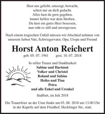 Traueranzeige von Horst Anton Reichert  von Magdeburger Volksstimme