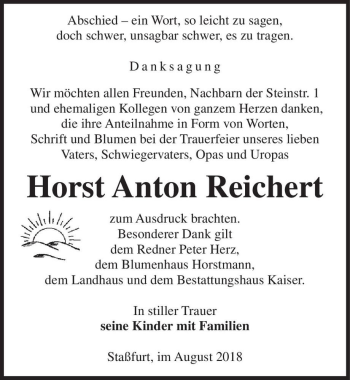 Traueranzeige von Horst Anton Reichert  von Magdeburger Volksstimme