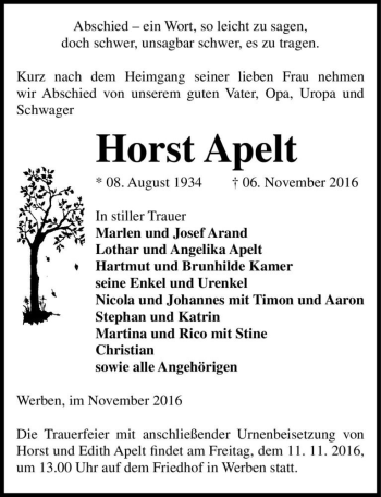 Traueranzeige von Horst Apelt  von Magdeburger Volksstimme