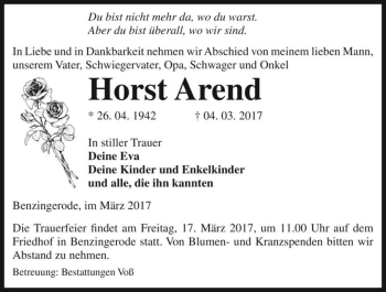 Traueranzeige von Horst Arend  von Magdeburger Volksstimme