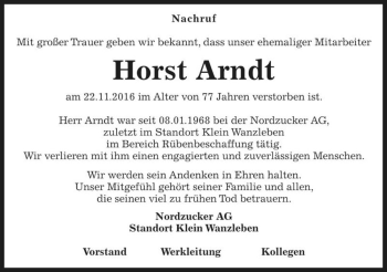 Traueranzeige von Horst Arndt  von Magdeburger Volksstimme