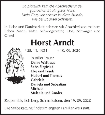 Traueranzeige von Horst Arndt  von Magdeburger Volksstimme