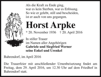 Traueranzeige von Horst Arpke  von Magdeburger Volksstimme