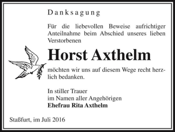 Traueranzeige von Horst Axthelm  von Magdeburger Volksstimme