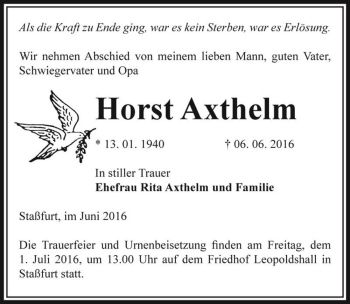 Traueranzeige von Horst Axthelm  von Magdeburger Volksstimme