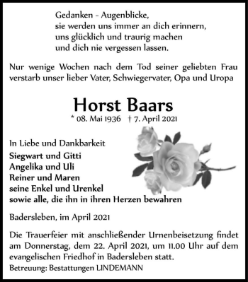 Traueranzeige von Horst Baars  von Magdeburger Volksstimme
