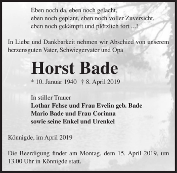 Traueranzeige von Horst Bade  von Magdeburger Volksstimme