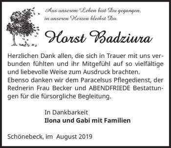 Traueranzeige von Horst Badziura  von Magdeburger Volksstimme