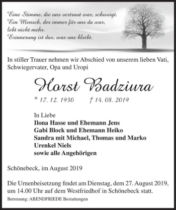 Traueranzeige von Horst Badziura  von Magdeburger Volksstimme