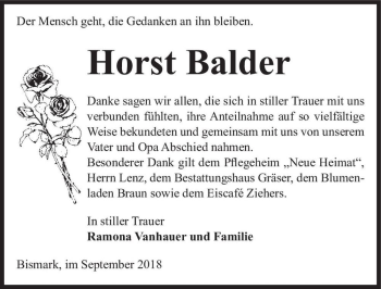 Traueranzeige von Horst Balder  von Magdeburger Volksstimme