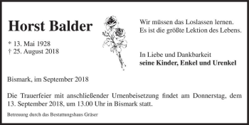 Traueranzeige von Horst Balder  von Magdeburger Volksstimme