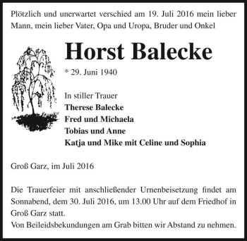 Traueranzeige von Horst Balecke  von Magdeburger Volksstimme
