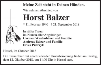 Traueranzeige von Horst Balzer  von Magdeburger Volksstimme