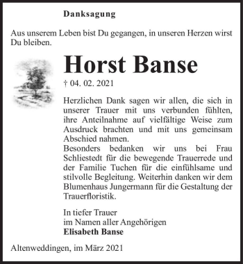 Traueranzeige von Horst Banse  von Magdeburger Volksstimme