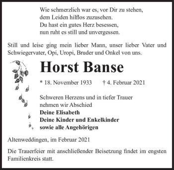 Traueranzeige von Horst Banse  von Magdeburger Volksstimme
