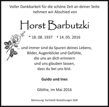 Traueranzeige von Horst Barbutzki  von Magdeburger Volksstimme