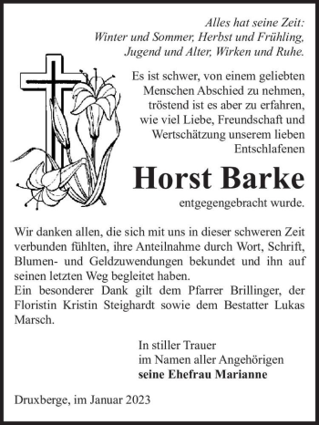 Traueranzeige von Horst Barke  von Magdeburger Volksstimme