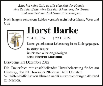 Traueranzeige von Horst Barke  von Magdeburger Volksstimme