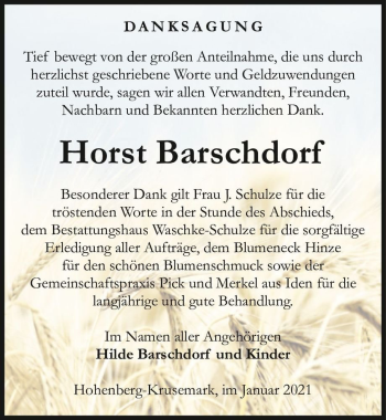 Traueranzeige von Horst Barschdorf  von Magdeburger Volksstimme