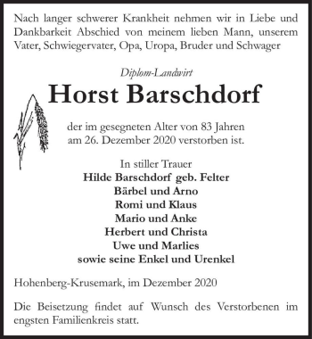 Traueranzeige von Horst Barschdorf  von Magdeburger Volksstimme