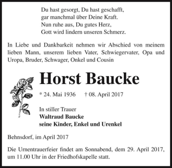 Traueranzeige von Horst Baucke  von Magdeburger Volksstimme