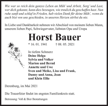 Traueranzeige von Horst Bauer  von Magdeburger Volksstimme