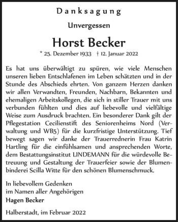 Traueranzeige von Horst Becker  von Magdeburger Volksstimme