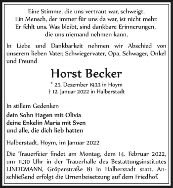 Traueranzeige von Horst Becker  von Magdeburger Volksstimme