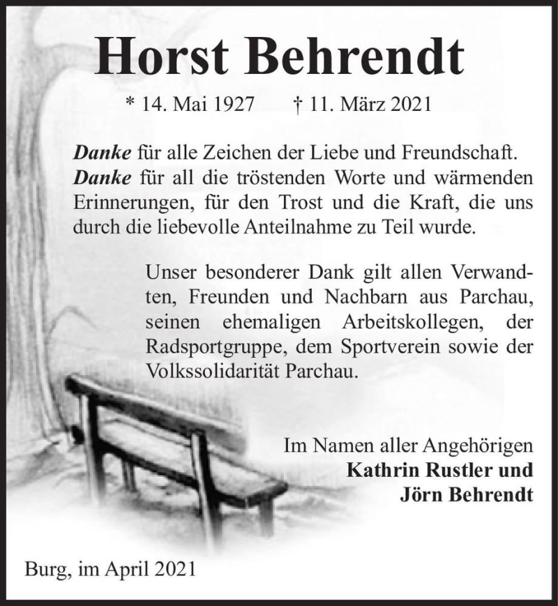  Traueranzeige für Horst Behrendt  vom 17.04.2021 aus Magdeburger Volksstimme