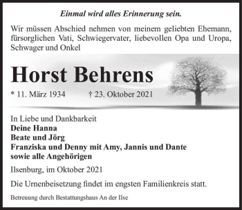 Traueranzeige von Horst Behrens  von Magdeburger Volksstimme