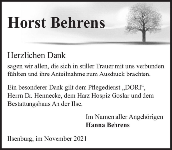 Traueranzeige von Horst Behrens  von Magdeburger Volksstimme