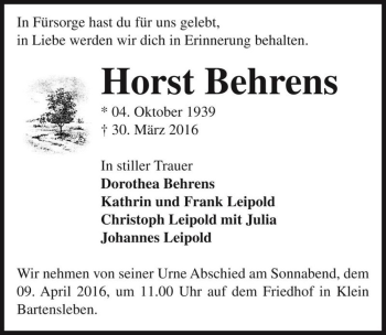 Traueranzeige von Horst Behrens  von Magdeburger Volksstimme