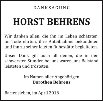 Traueranzeige von Horst Behrens  von Magdeburger Volksstimme