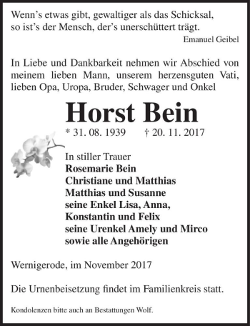 Traueranzeige von Horst Bein  von Magdeburger Volksstimme