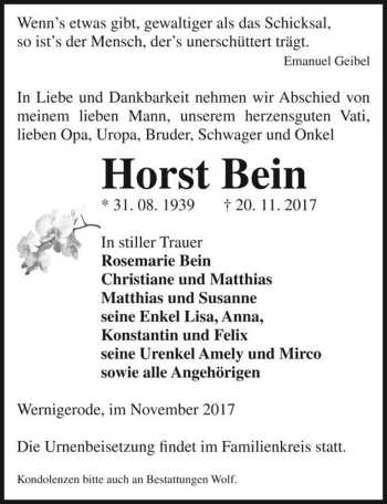 Traueranzeige von Horst Bein  von Magdeburger Volksstimme