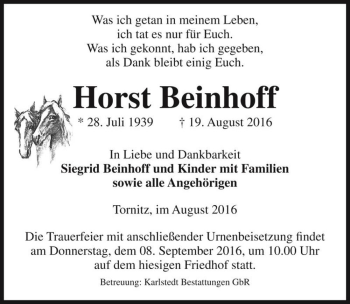 Traueranzeige von Horst Beinhoff  von Magdeburger Volksstimme