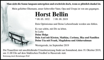 Traueranzeige von Horst Bellin  von Magdeburger Volksstimme