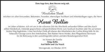 Traueranzeige von Horst Bellin  von Magdeburger Volksstimme